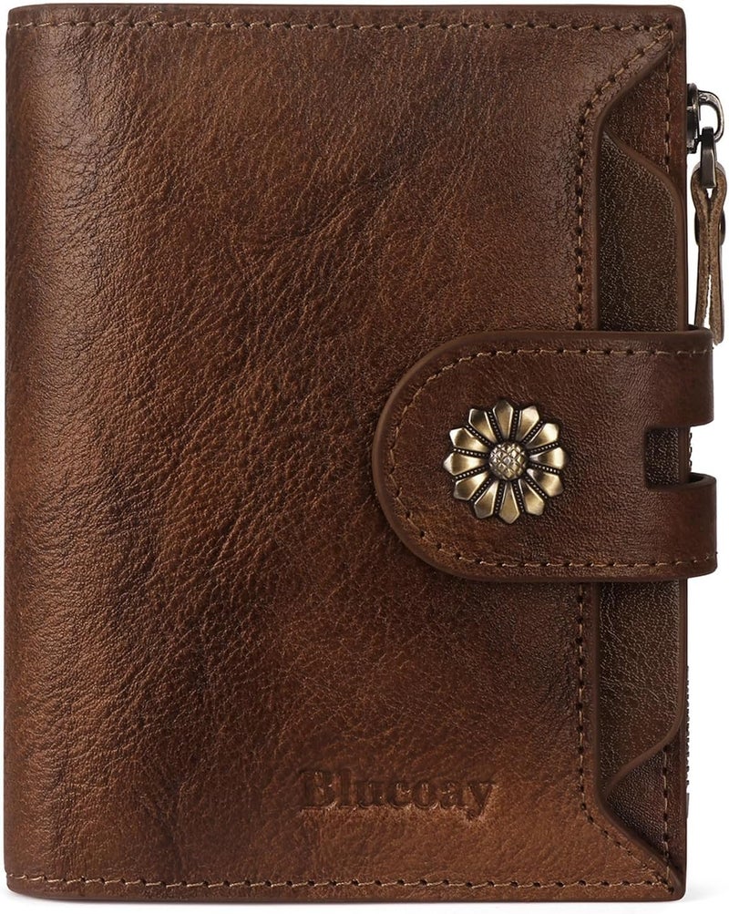 Blucoay Wallet Women,RFID Blocking Womens Wallet,Real Leather Bifold Compact Small Wallet for Women Card Holder with Zip Coin Pocket(Darkcoffee) - Image 1